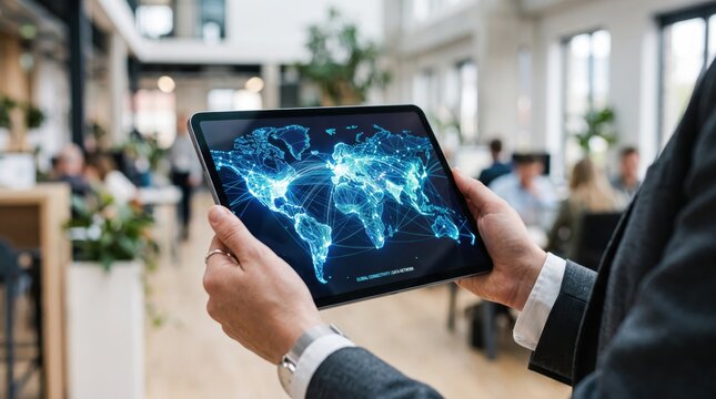 Business professional holding tablet displaying glowing blue global network map connection, international communication technology, digital data visualization interface