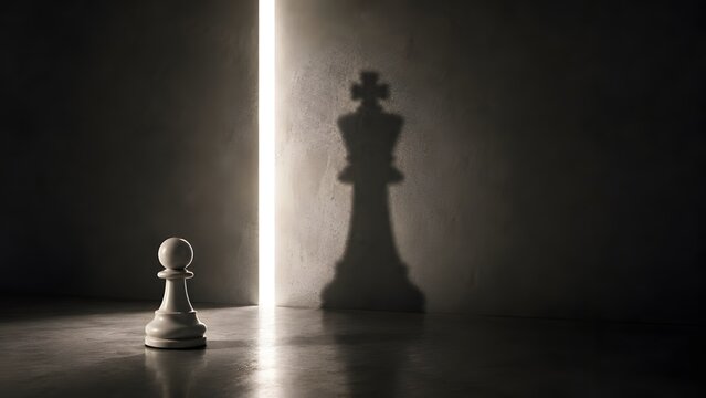 White chess pawn casting a giant king shadow against a concrete wall illuminated by a dramatic vertical light slit symbolizing inner power