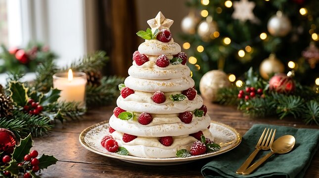 Delicious christmas tree shaped meringue cake decorated with fresh red raspberries and mint leaves served on a festive dining table with glowing lights and holiday decorations in background