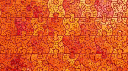 Fototapeta premium Vibrant orange mosaic tile pattern, interlocking puzzle piece wall texture, warm red and yellow ceramic stone artwork isolated PNG with Transparent Background