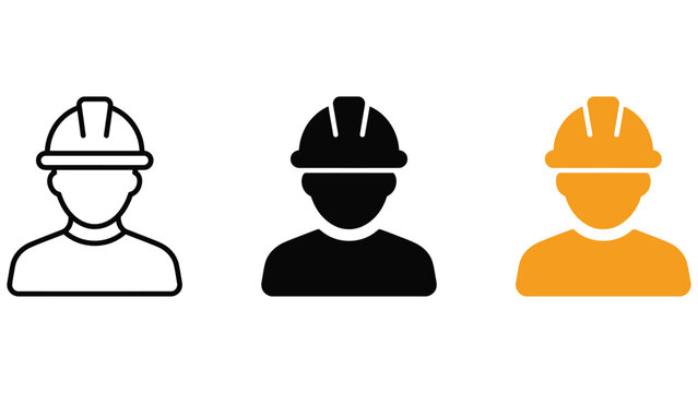 Three variations of a construction worker featuring a person wearing a hard hat in outline, solid black, and solid orange color styles