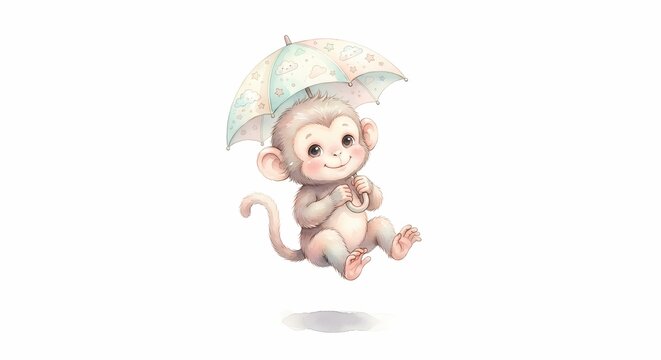 Cute baby monkey holding a pastel umbrella watercolor illustration isolated on white background