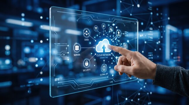 Finger touching virtual holographic interface displaying cloud network upload icon, connecting server data and global API security, representing advanced cloud computing