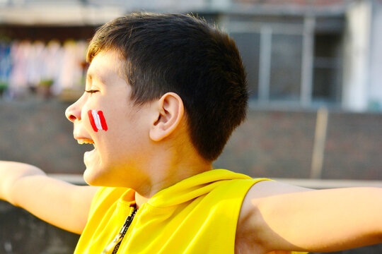 Excited little peruvian with national flag painted on cheeks.