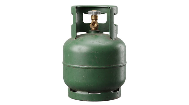 Green propane gas cylinder with brass valve, portable fuel tank for camping, industrial metal gas bottle on white background