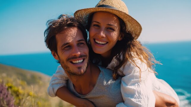 Smile, portrait couple and piggyback outdoor for summer holiday, marriage support or anniversary date. Happy, man and woman playful embrace of vacation travel, love together and bonding in nature