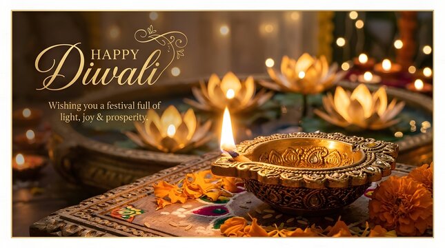 Happy diwali greeting with traditional diya and lotus candles