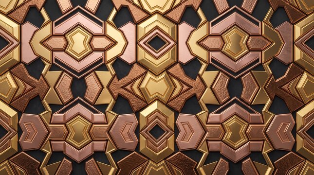 Geometric gold and copper wall paneling, luxury 3D architectural pattern, ornate metallic mosaic texture for interior design isolated PNG with Transparent Background