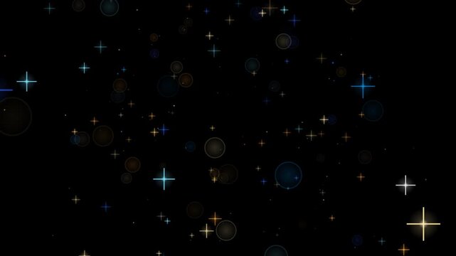 Abstract glowing particles and sparkling stars create a festive light effect on a dark backdrop