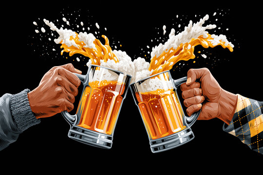 Illustration of two hands clinking beer mugs in close-up toast, Oktoberfest concept