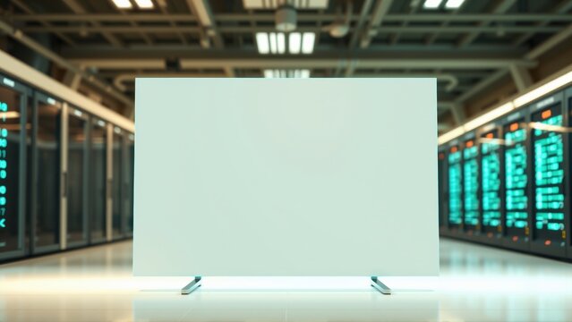 Server room features blank white screen. Racks extend into darkness, illuminated by blue lights. Modern data center interior.