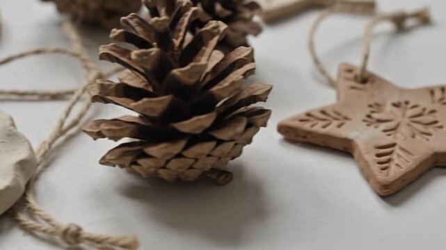 Natural pinecone and rustic wooden star ornaments on a white background for festive holiday decoration and winter season celebrations