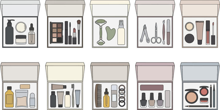 Cosmetic kits with beauty products organized in clear containers on white background vector illustration