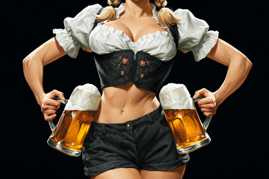 Illustration of woman in dirndl holding beer mugs at waist, Oktoberfest concept