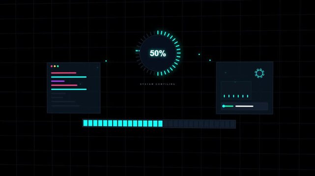 Futuristic digital user interface display showing system compiling process and loading progress bars on a dark grid background
