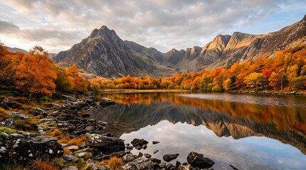 Fototapeta premium Breathtaking Autumn Landscape with Reflective Lake and Majestic Mountains under a Cloudy Sky