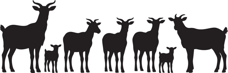 Naklejka premium Black and White Silhouette Illustration of Goat Herd with Kids and Adults Standing Together - Minimalist Animal Vector Art