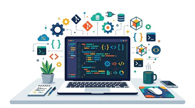 Laptop displaying software code with floating digital development icons on white background