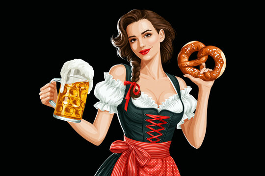 Illustration of smiling woman in dirndl holding beer mug and pretzel, Oktoberfest concept