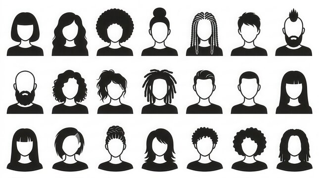 Set of 21 Diverse Human Head Silhouettes with Various Hair Styles and Textures for User Profile Avatars