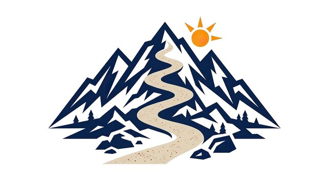 Mountain peak landscape icon with winding path and sun, minimalist vector illustration.