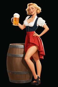 Illustration of blonde woman in red skirt holding beer mug and wooden barrel, Oktoberfest concept