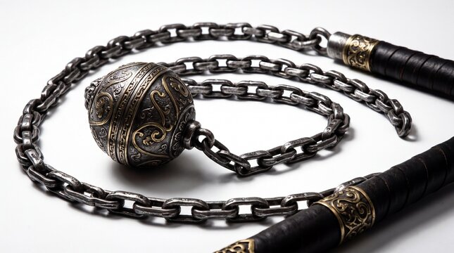 An ornate medieval flail with a heavy engraved iron ball and a leather wrapped handle on white.