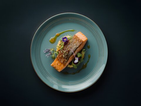 Pan seared salmon fillet served on decorative turquoise plate with restaurant