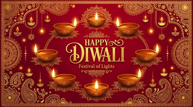 Happy diwali festival of lights greeting card with traditional oil lamps