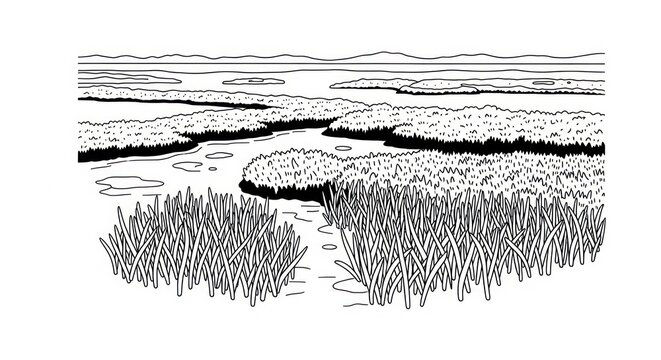 Black and white illustration landscape with grass.