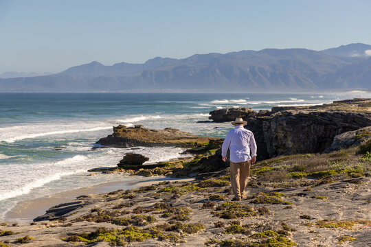 adult man wearing hat exploring beautiful Walker Bay Nature Reserve, Gansbaai, South Africa