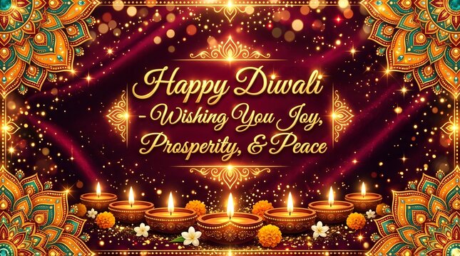 Happy diwali greeting card with glowing oil lamps and floral patterns