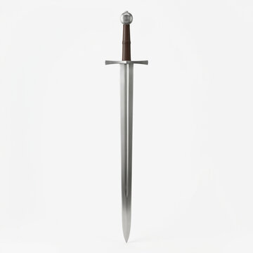 Metal sword with a brown handle against a white background  