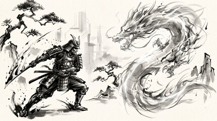 Fototapeta premium Cybernetic Samurai Fighting Neon Holographic Dragon Sumi-e Art