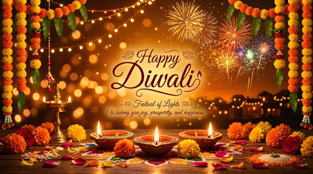 Happy diwali festival of lights celebration with fireworks and diyas