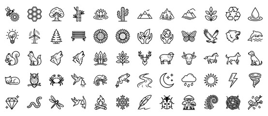 Obraz premium Diverse nature wildlife and environmental landscape outline icon set collection