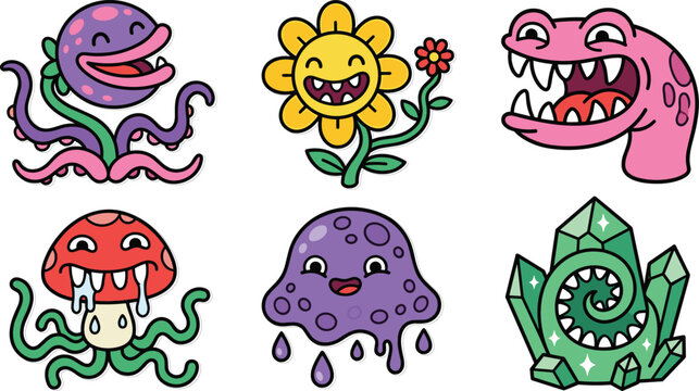Cute and Spooky Cartoon Monster Plant and Crystal Vector Set Featuring Carnivorous Flytrap Slime Blob Drooling Mushroom and Sunflower Characters for Halloween