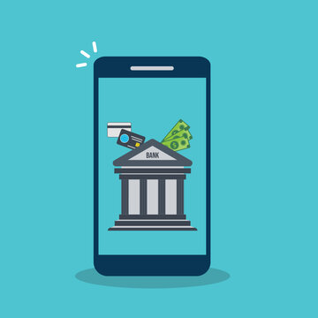 Mobile banking app icon set, smartphone bank building financial service 