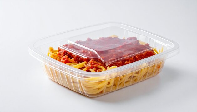 Fresh Spaghetti with Tomato Sauce in Transparent Plastic Meal Container