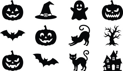 Fototapeta premium Halloween Vector Icons Silhouettes Pumpkins Ghosts Haunted House Clipart Set
