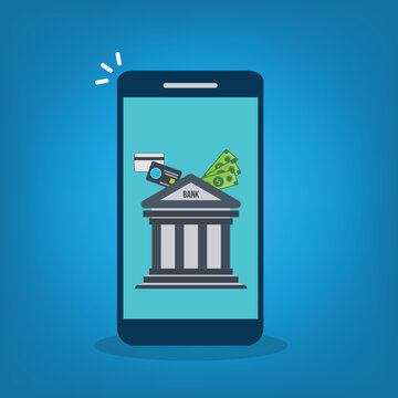 Mobile banking app icon set, smartphone bank building financial service 