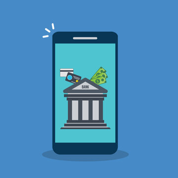 Mobile banking app icon set, smartphone bank building financial service 