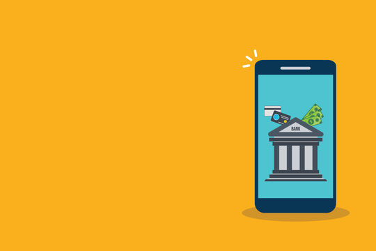 Mobile banking app icon set, smartphone bank building financial service 