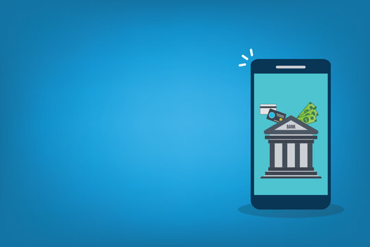 Mobile banking app icon set, smartphone bank building financial service 