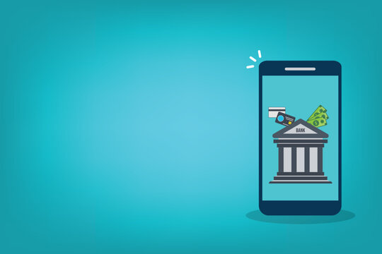 Mobile banking app icon set, smartphone bank building financial service 