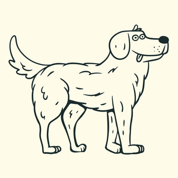 Cute cartoon golden retriever standing in side view, black line art vector illustration isolated on background.