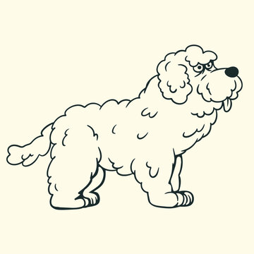 Cute cartoon fluffy sheepdog standing in side view, black line art vector illustration isolated on background.