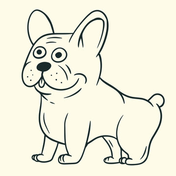 Cute cartoon french bulldog standing in side view, black line art vector illustration isolated on background.