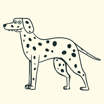 Cute cartoon dalmatian dog standing in side view, black line art vector illustration isolated on background.