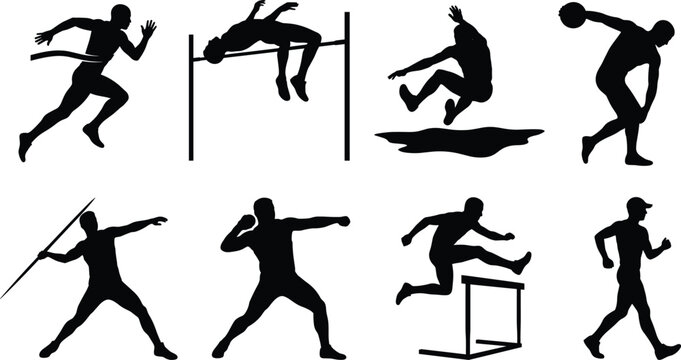 Track and Field Athlete Silhouettes Set Featuring Sprinting, High Jump, Long Jump, Javelin and Hurdles